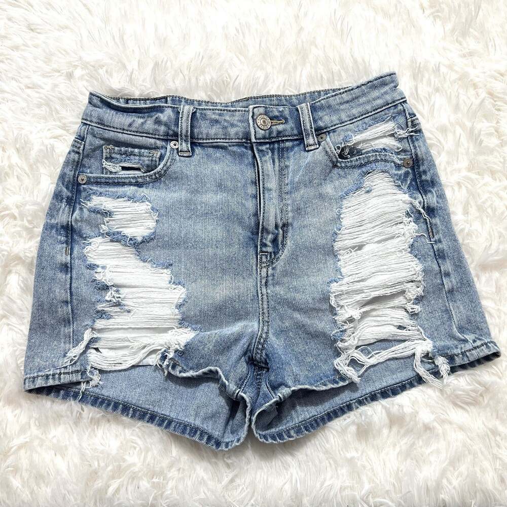 American Eagle Distressed Denim Shorts Light Wash High Rise Stretch Size 0 Y2K